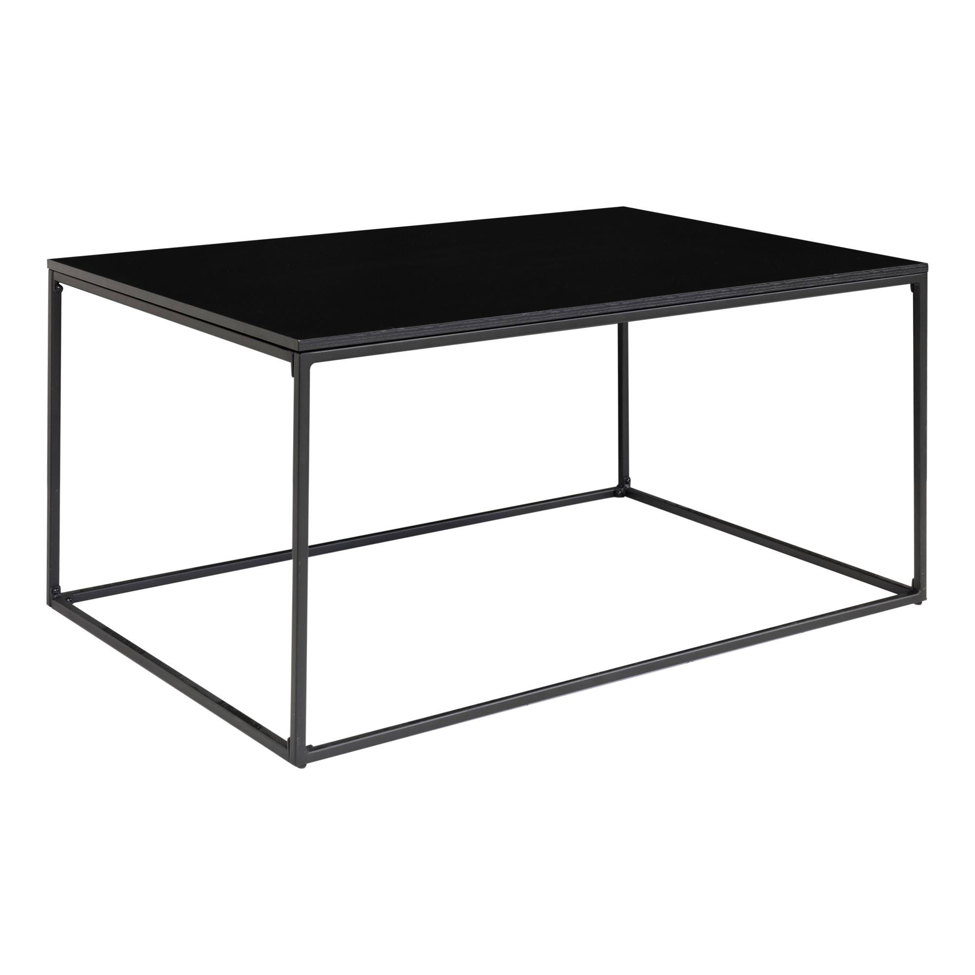 Minimalistisch detail van de House Nordic Vita salontafel in mat zwart met subtiele houtnerfmelamine en open stalen frame